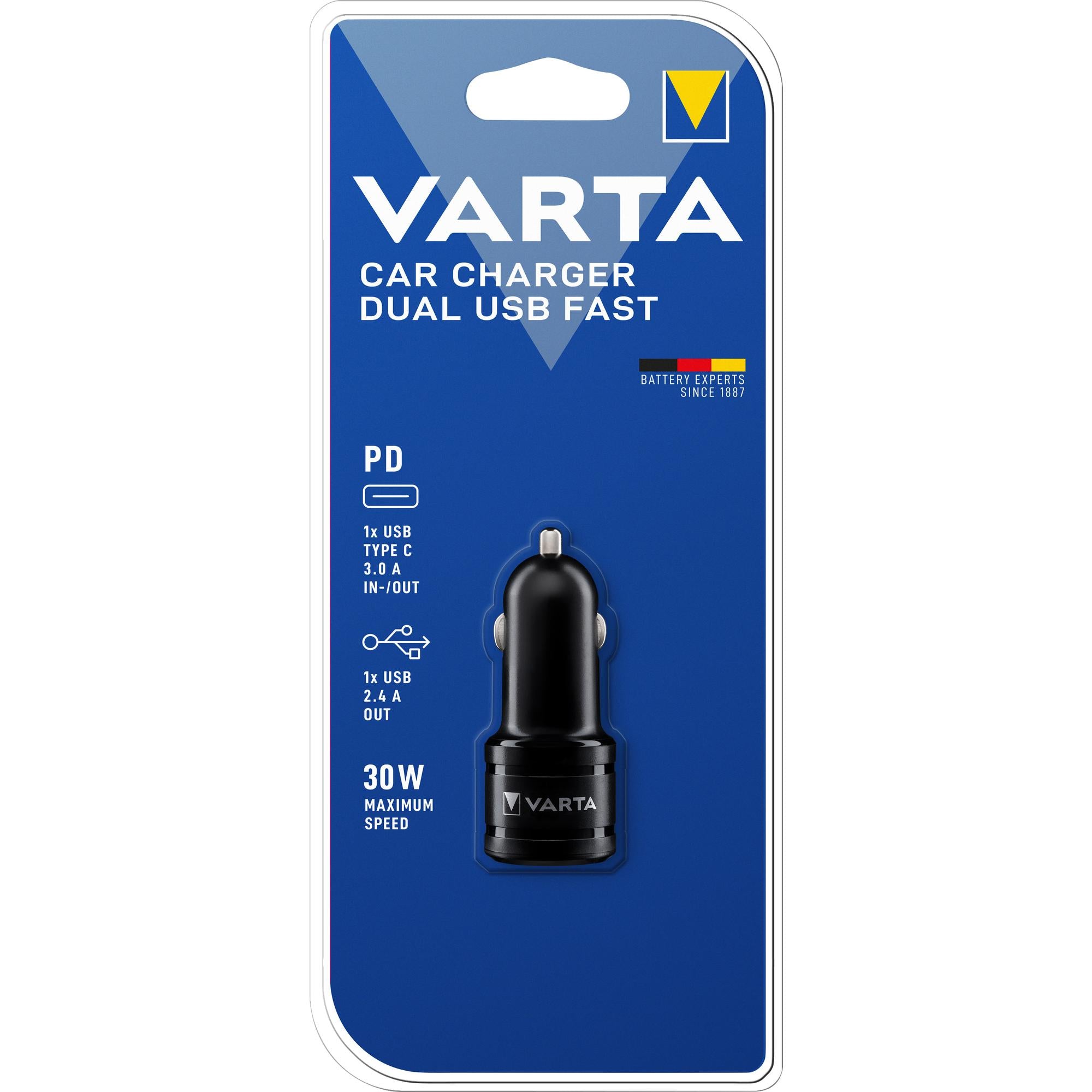 VARTA Ladeadapter KFZ Car Charger, 30W, 1x USB-A QC, 1x USB-C PD, Retail Blister
