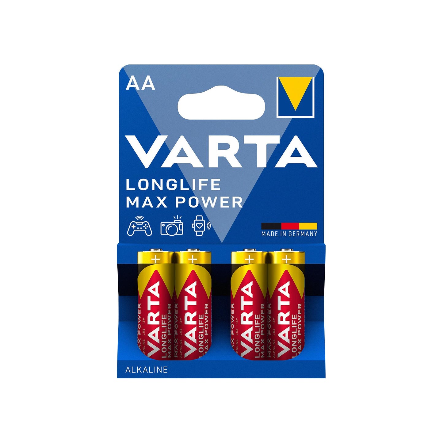 VARTA Batterie Alkaline Mignon AA LR06, 1.5V Longlife Max Power, Retail Blister (4-Pack)