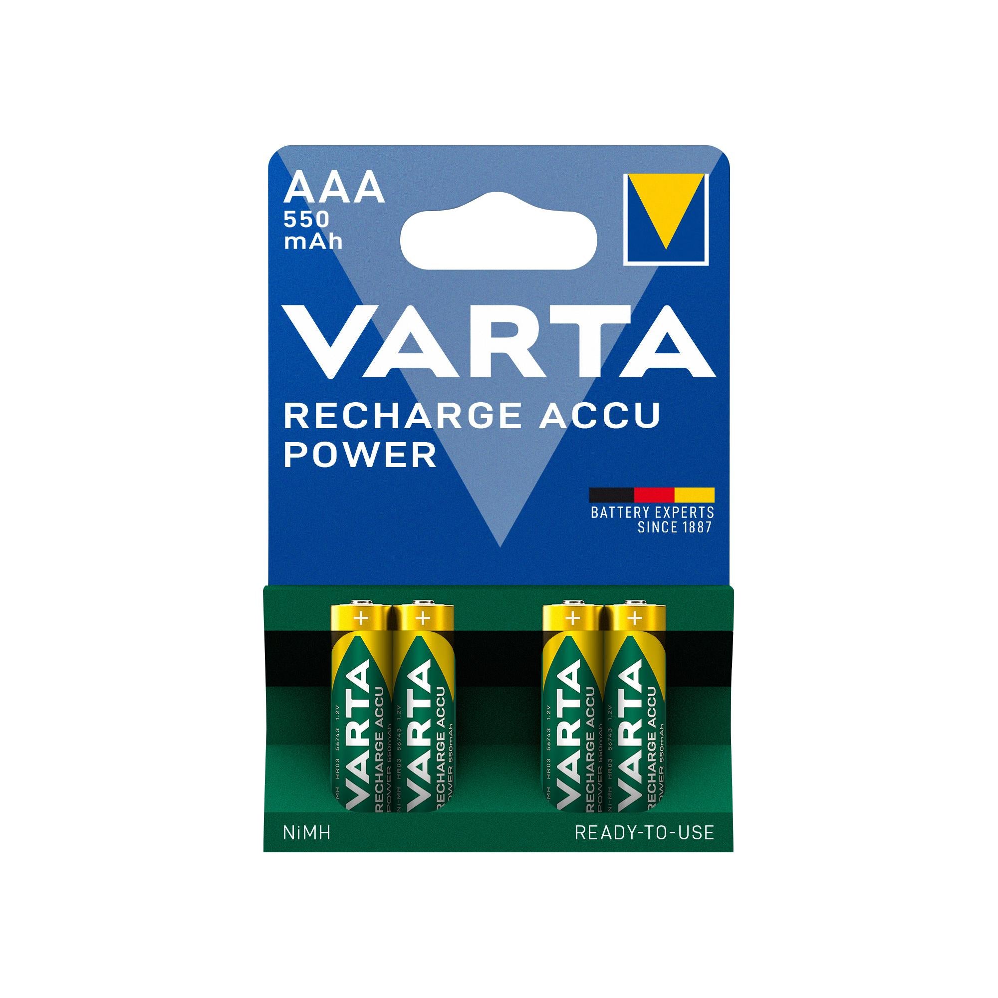 VARTA Akku NiMH Micro AAA HR03, 1.2V/550mAh Accu Power, Pre-charged, Retail Blister (4-Pack)
