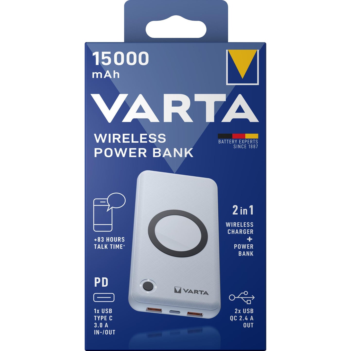 VARTA Powerbank - 3,7V/15.000mAh Wireless, 2xUSB-A/1xUSB-C QC 3.0 Power Delivery Retail-Blister