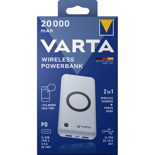 VARTA Powerbank - 3,7V/20.000mAh Wireless, 2xUSB-A/1xUSB-C QC 3.0 PD Retail-Blister