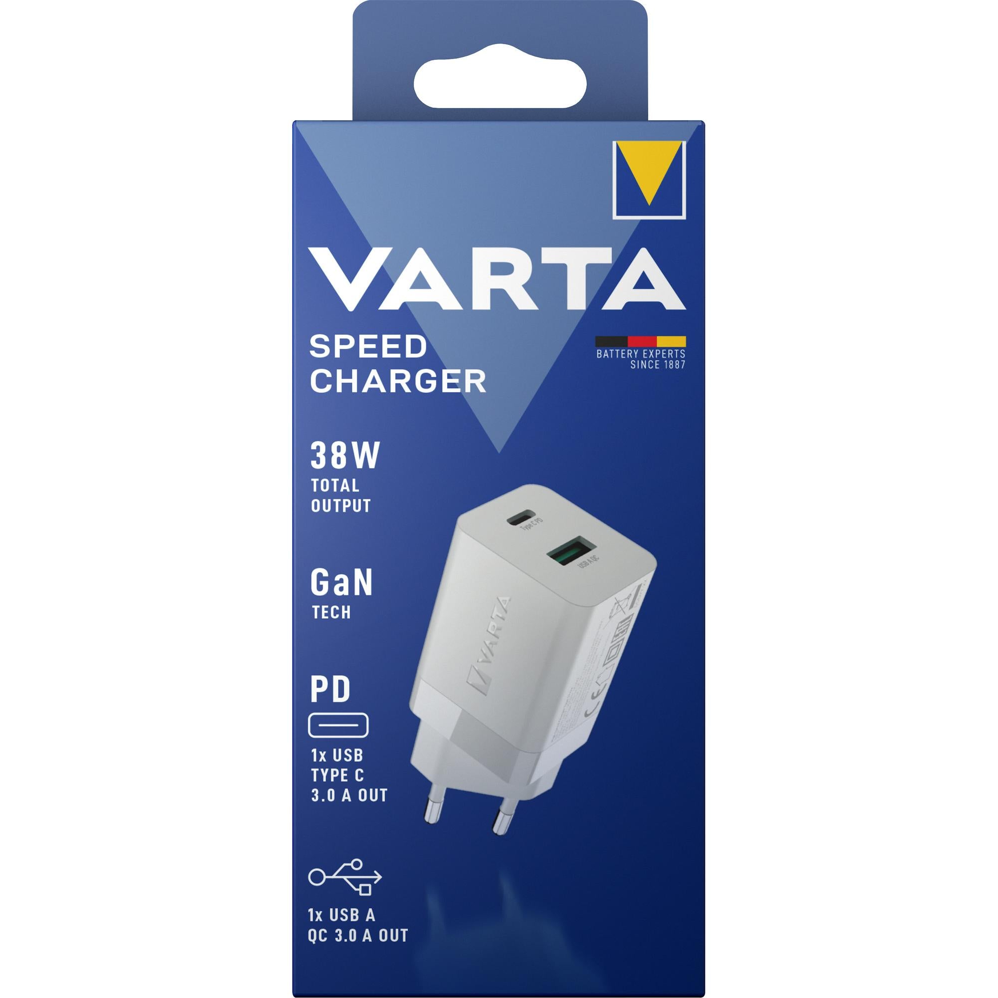 VARTA Ladeadapter Speed Charger GaN, 38W, weiß 1x USB-A QC, 1x USB-C PD, Retail