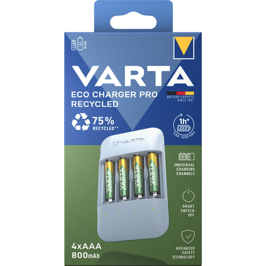 VARTA NiMH Universal Ladegerät Eco Charger Pro - Recycled inkl. 4x AAA Micro Akkus, 800mAh Retail