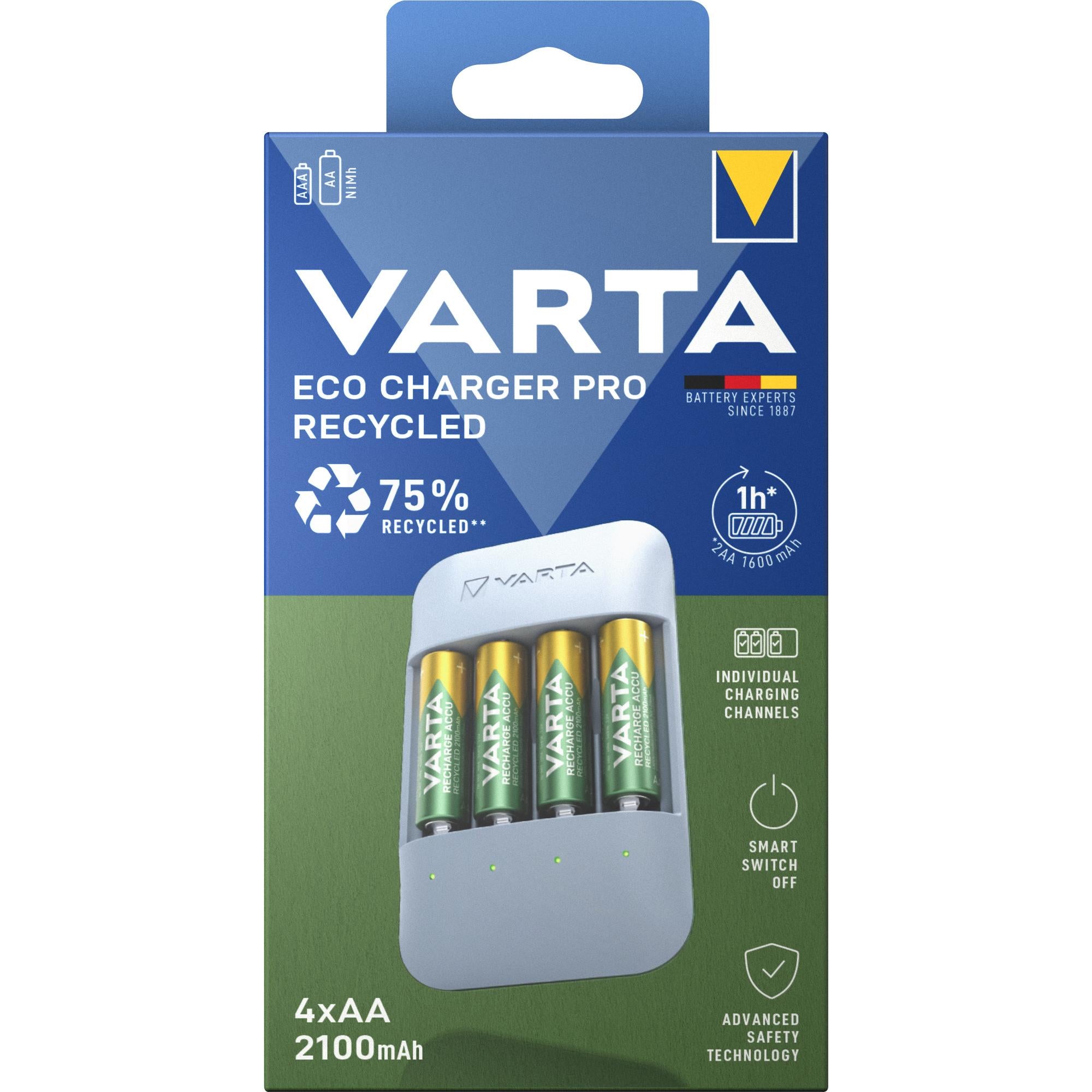 VARTA NiMH Universal Ladegerät Eco Charger Pro - Recycled inkl. 4x AA Mignon Akkus, 2100mAh Retail