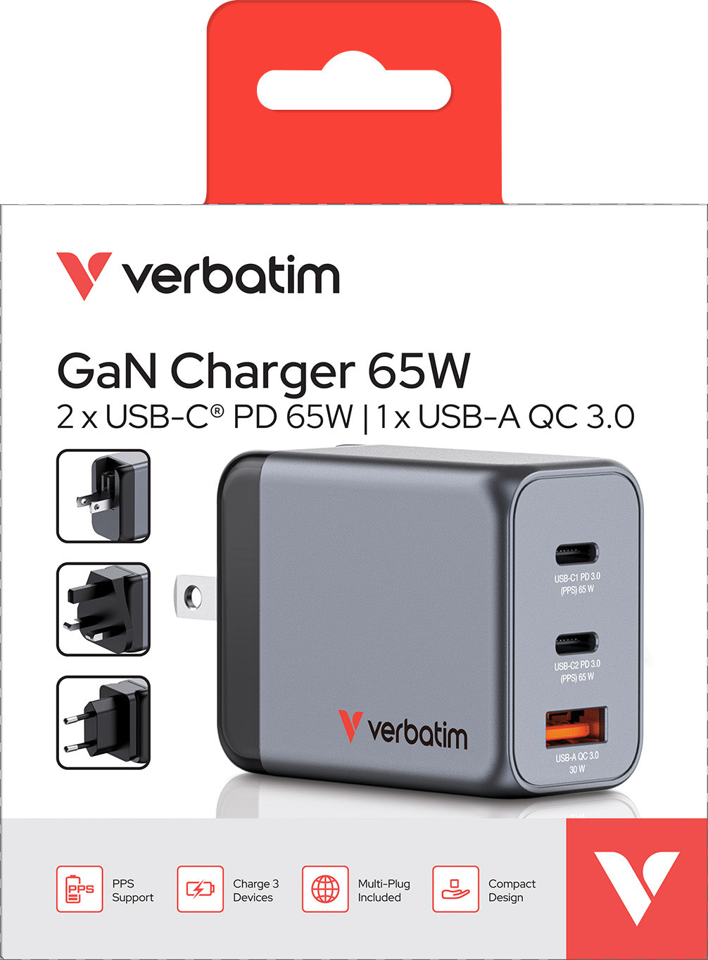 VERBATIM Ladeadapter, Universal, GNC-65, GaN, 65W, grau