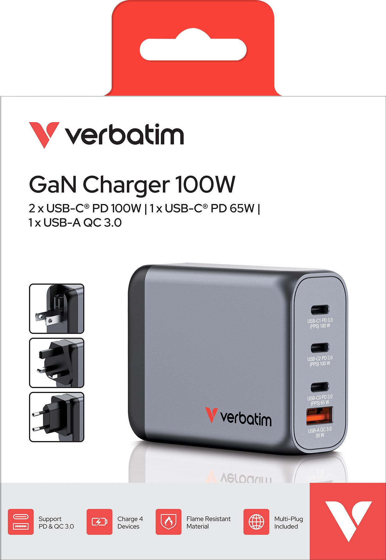 VERBATIM Ladeadapter, Universal, GNC-100, GaN, 100W, grau