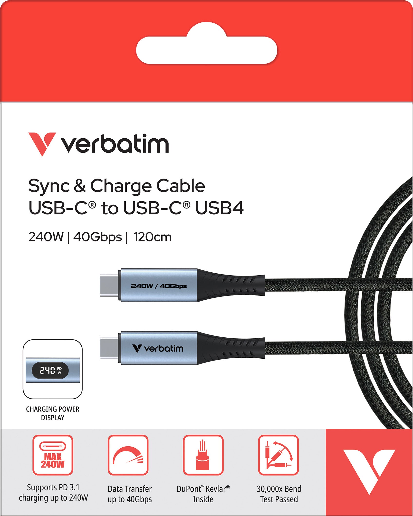 VERBATIM Ladekabel, USB-C/USB-C, 1.2m, schwarz