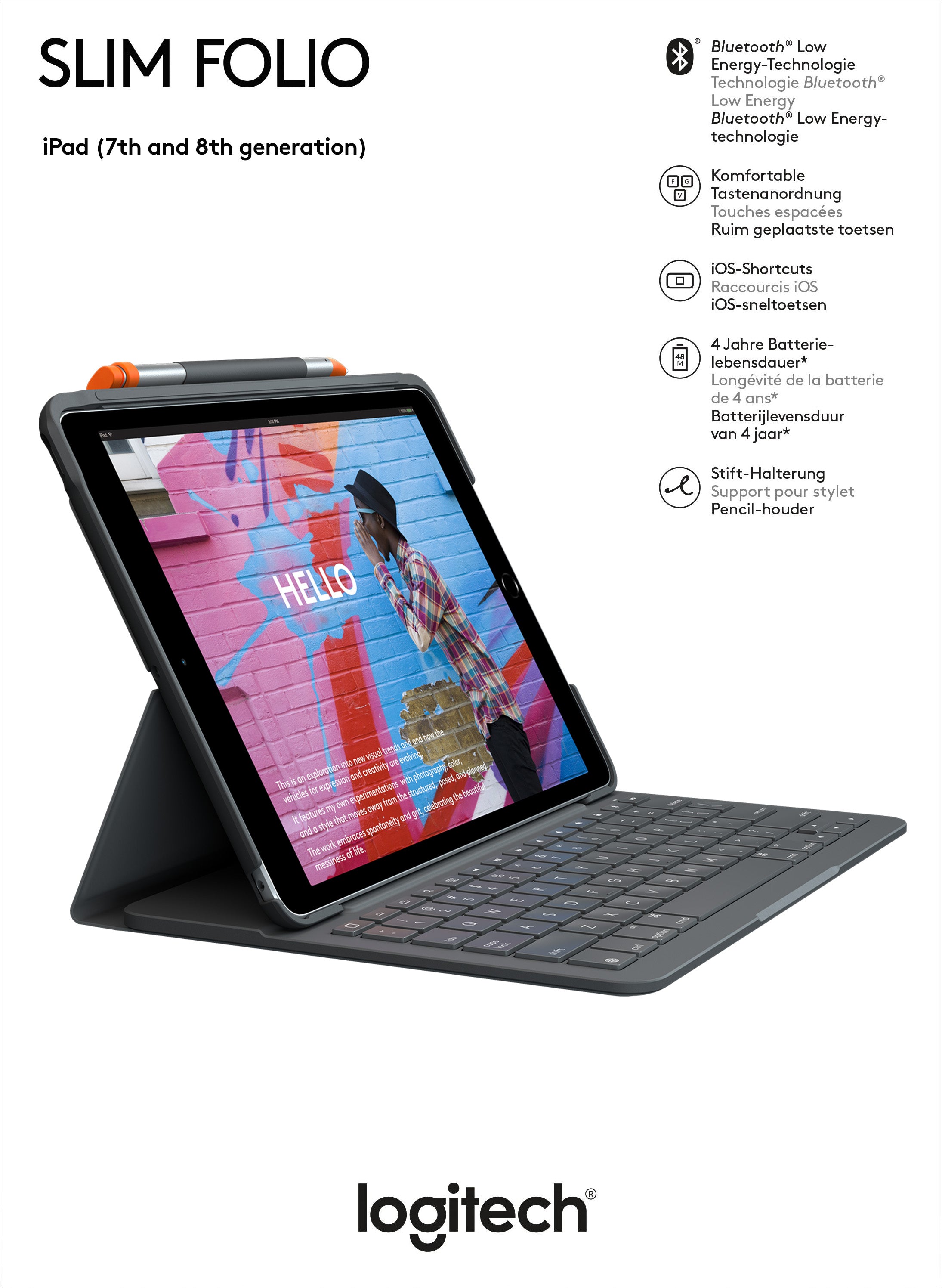 LOGITECH Tastatur Slim Folio, Bluetooth, grafit