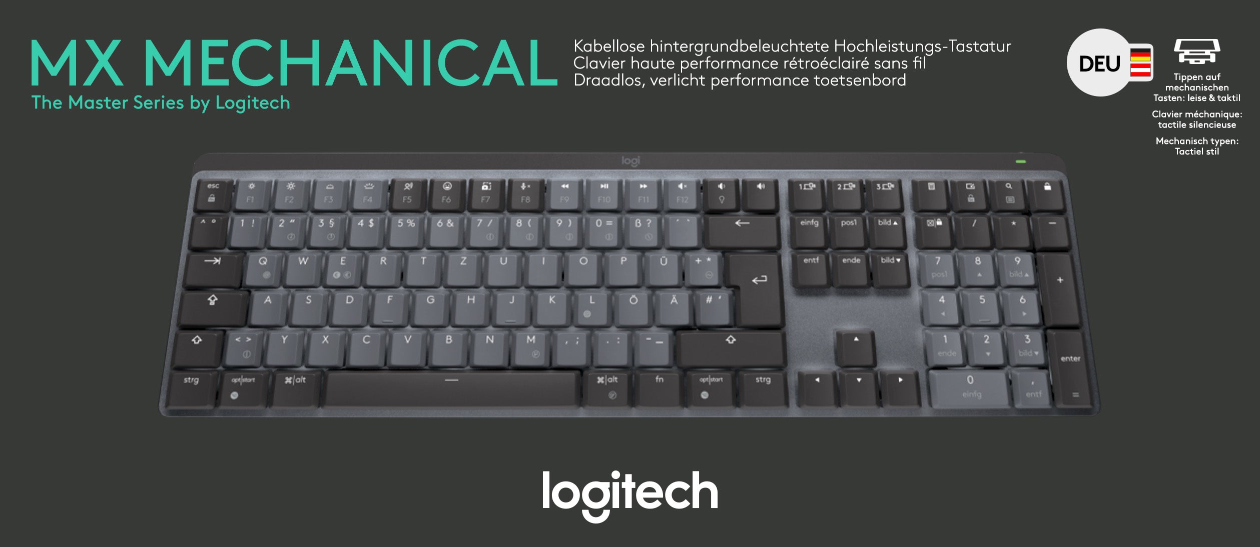 LOGITECH Tastatur MX Mechanical, Wireless, Bluetooth, grafit