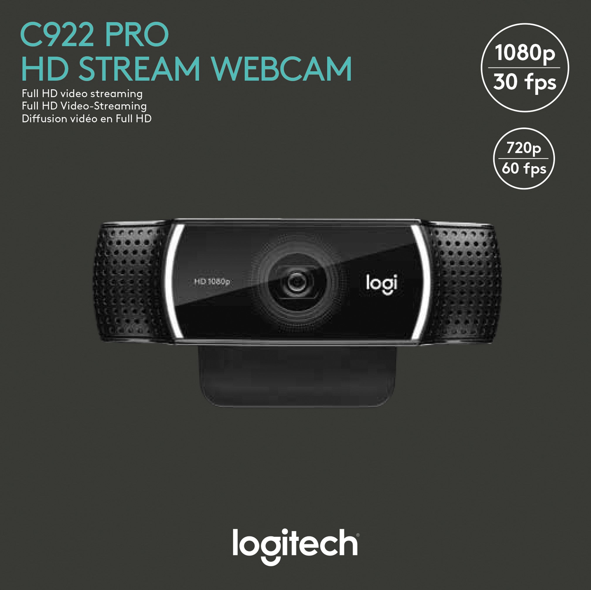 LOGITECH Webcam C922 Pro Stream, Full HD 1080p, schwarz