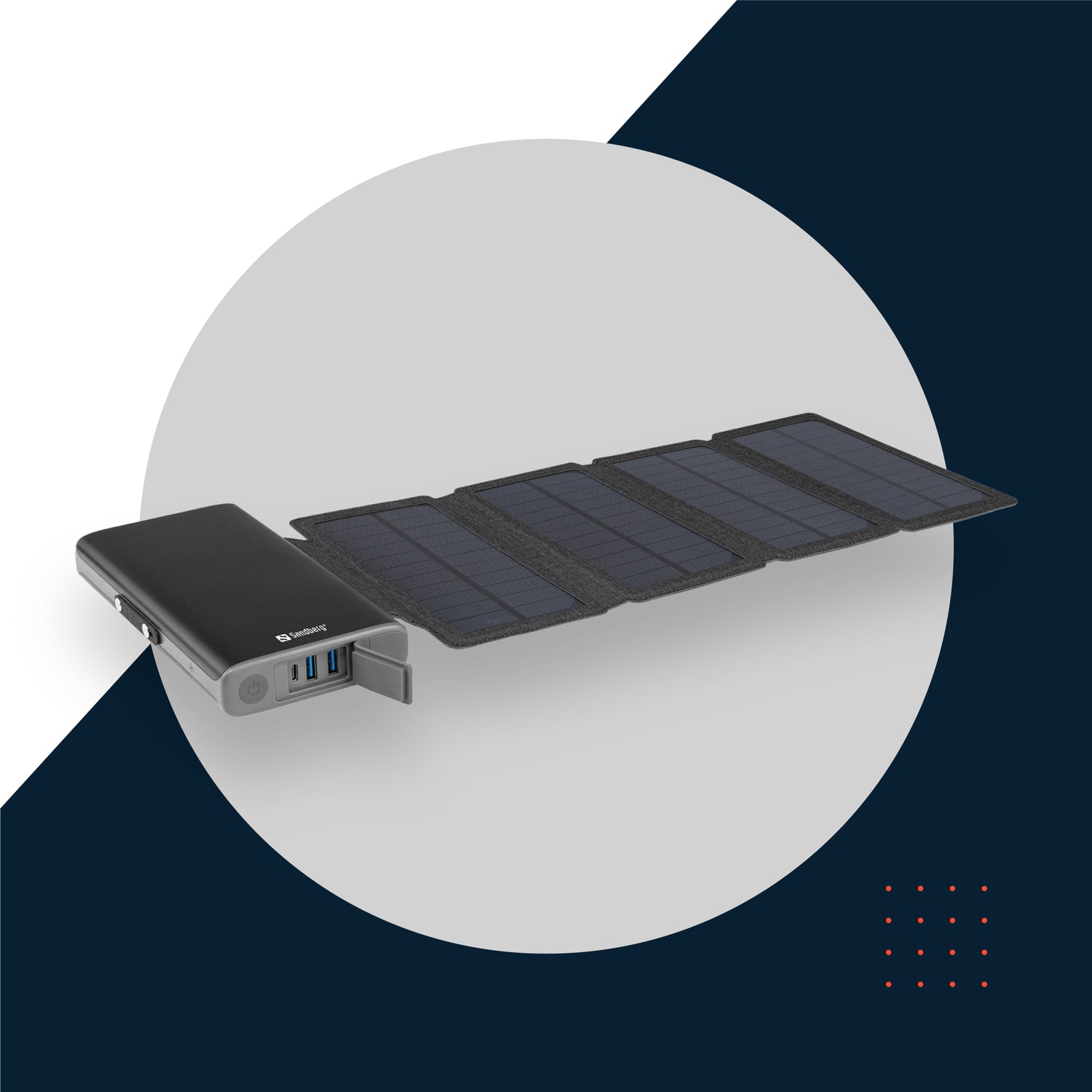 Sandberg Solar 4-Panel powerbank im Vordergrund Hintergrund Grauer Kreis