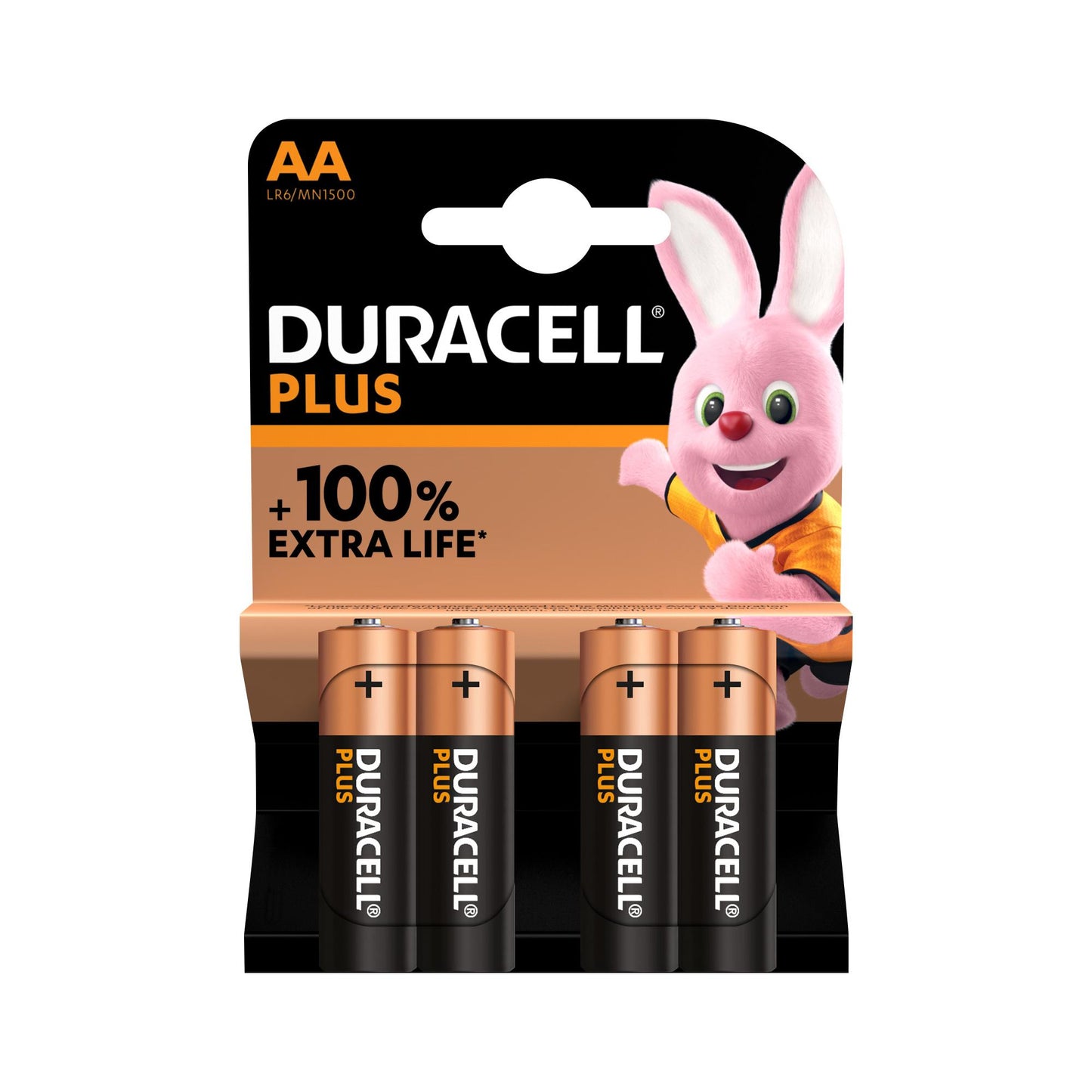 DURACELL Batterie Alkaline Mignon AA LR06, 1.5V Plus, Extra Life, Retail Blister (4-Pack)