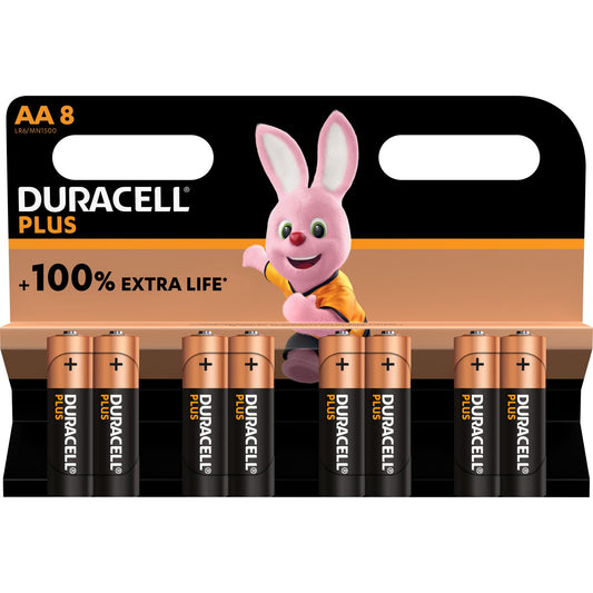 DURACELL Batterie Alkaline Mignon AA LR06, 1.5V Plus, Extra Life, Retail Blister (8-Pack)