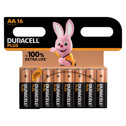 DURACELL Batterie Alkaline AA LR06, 1.5V Plus, Extra Life, Retail Blister (16-Pack)