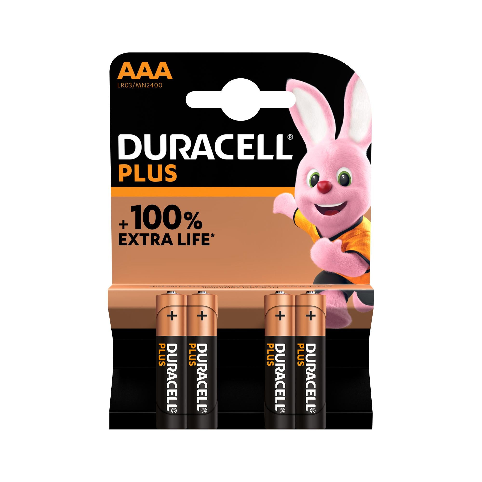 DURACELL Batterie Alkaline Micro AAA LR03, 1.5V Plus, Extra Life, Retail Blister (4-Pack)