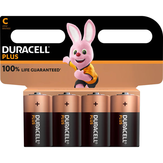 DURACELL Batterie Alkaline Baby C LR14, 1.5V Plus, Extra Life, Retail Blister (4-Pack)