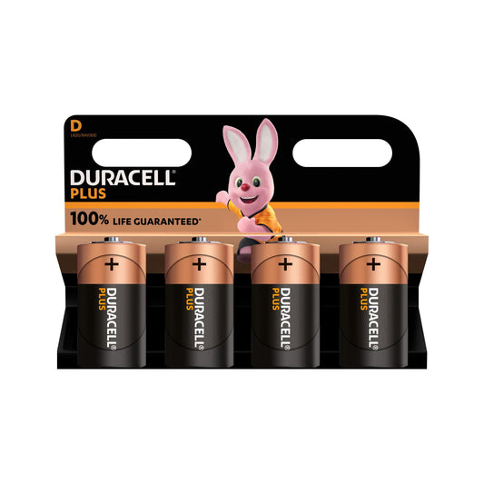 DURACELL Batterie Alkaline Mono D LR20, 1.5V Plus, Extra Life, Retail Blister (4-Pack)