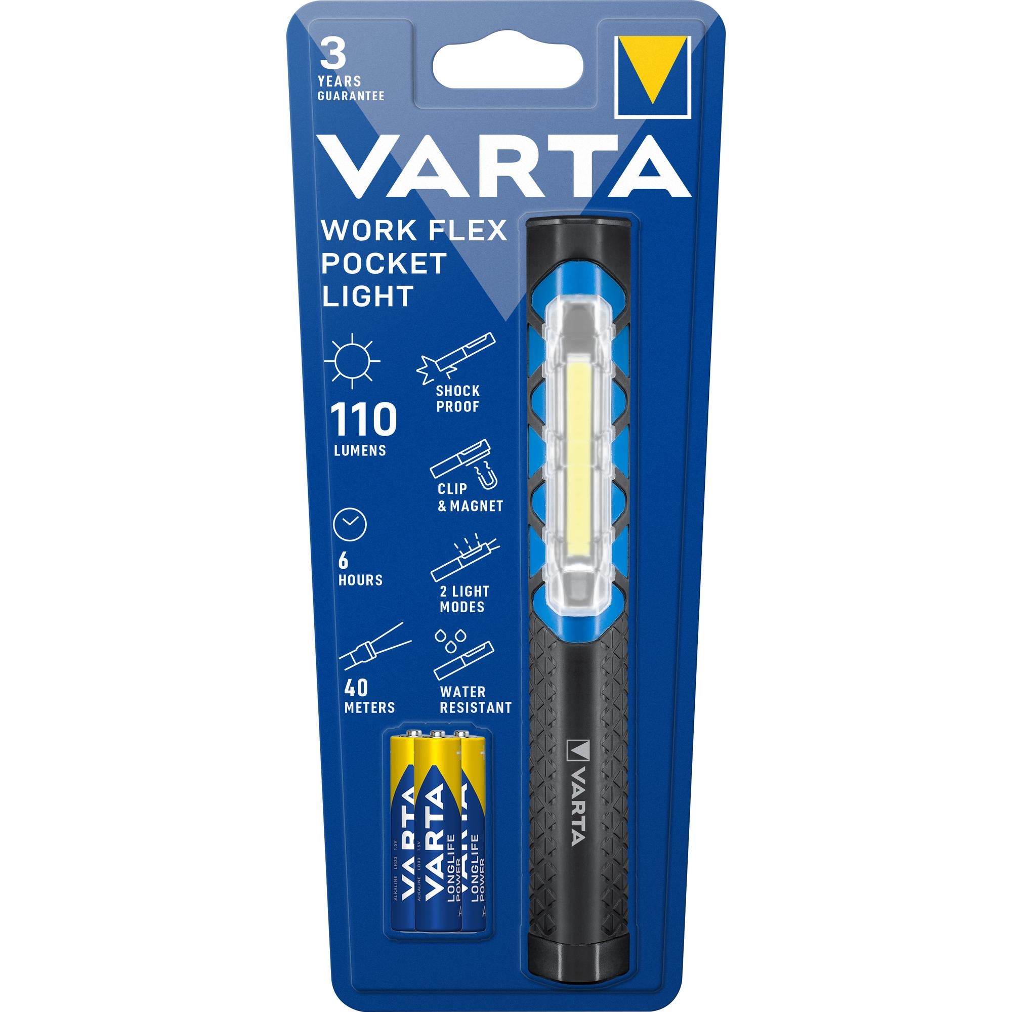 VARTA LED Taschenlampe Work Flex Line Pocket Light, 110lm, inkl. 3x AAA Alkaline Batterie, Retail Blister