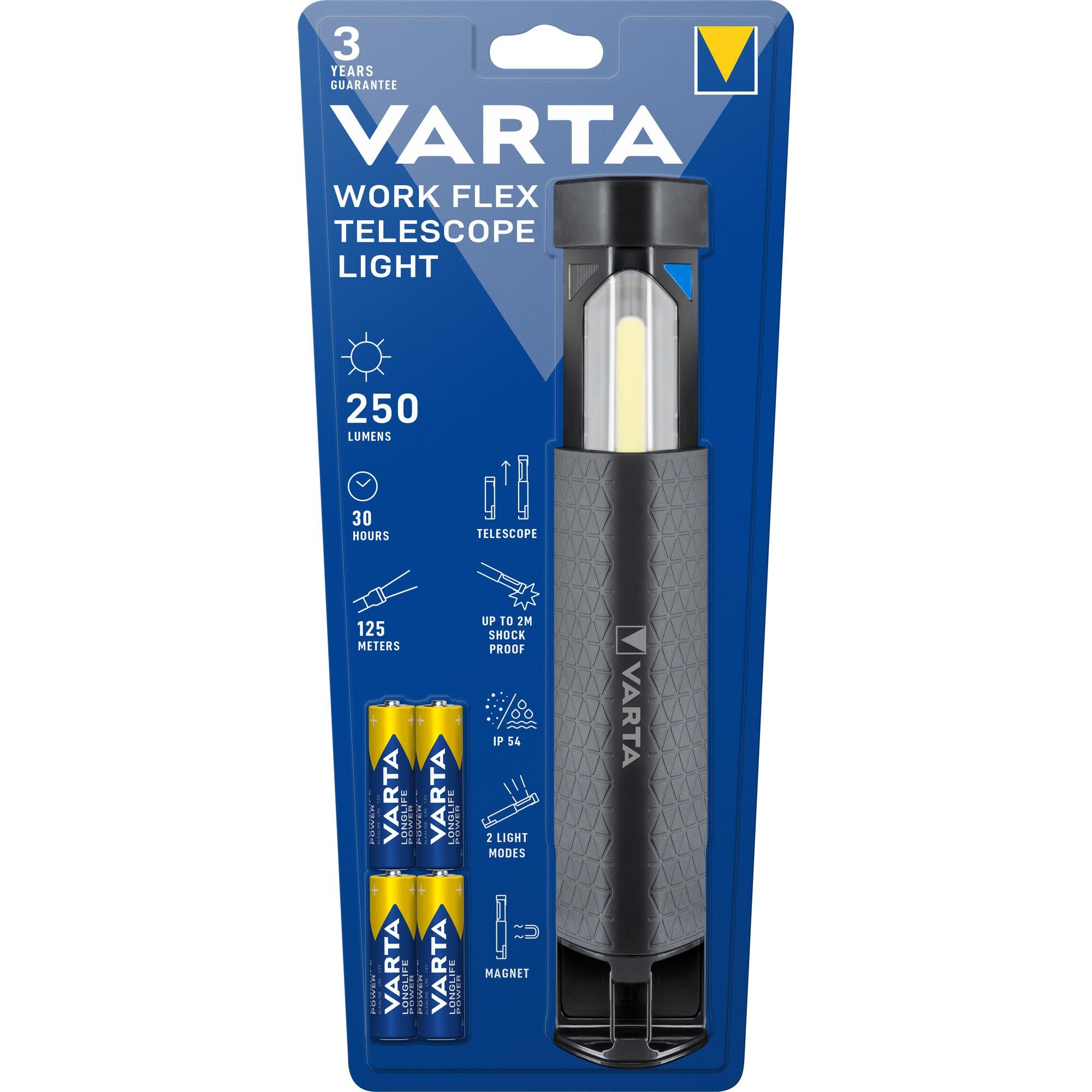 VARTA LED Taschenlampe Work Flex Line Telescope Light, 250lm inkl. 4x AA Alkaline Batterie Retail Blister