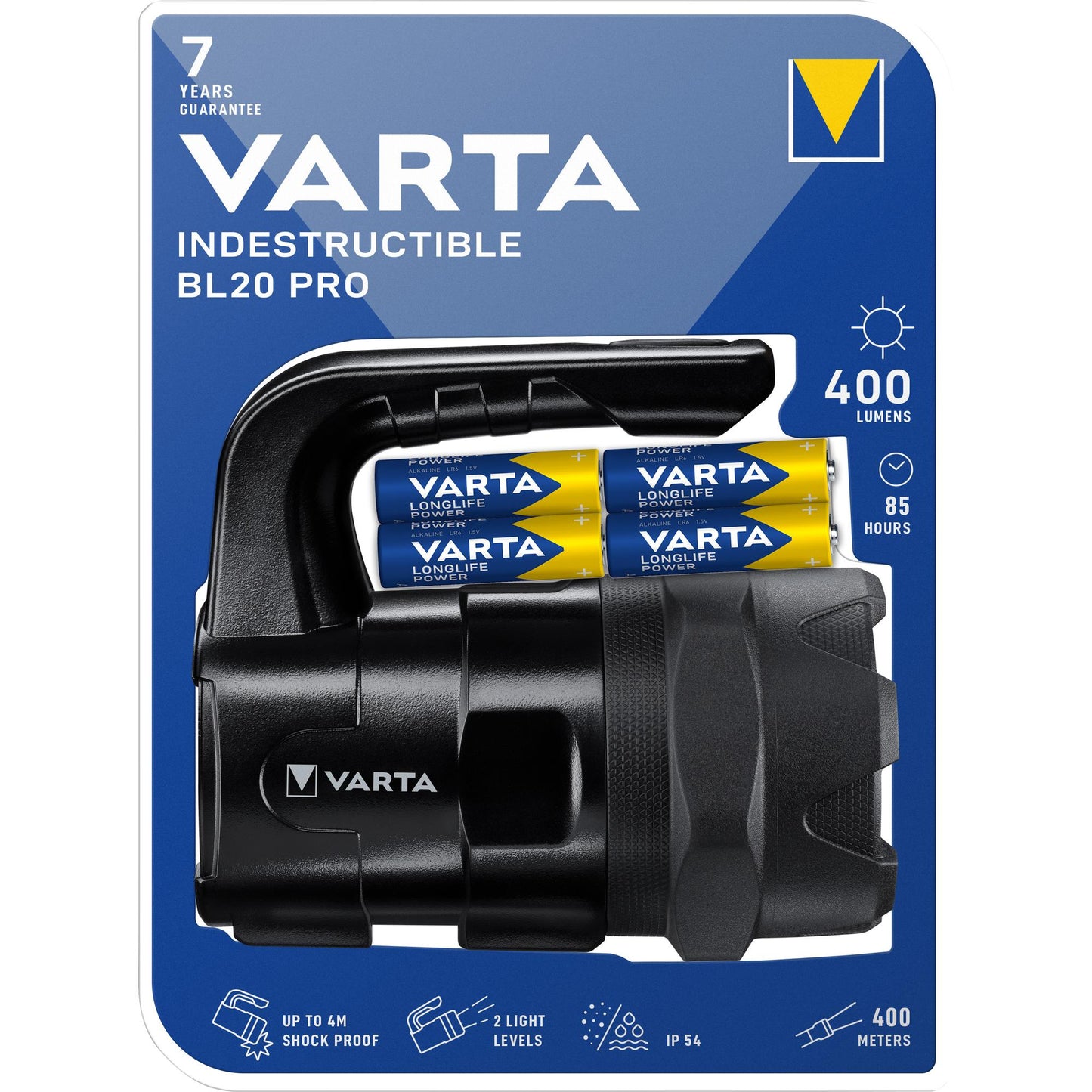 VARTA Indestructible BL20 Pro LED Taschenlampe - 400lm inkl. 6x AA Alkaline Batterie Retail Blister