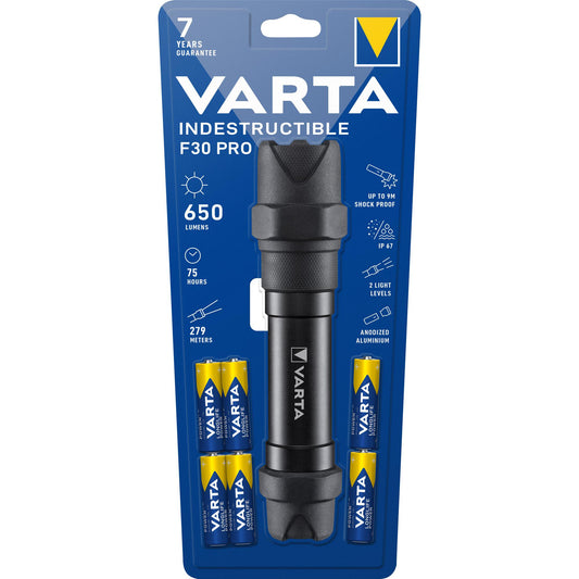 VARTA Indestructible F30 Pro LED Taschenlampe - 650lm inkl. 6x AA Alkaline Batterie Retail Blister