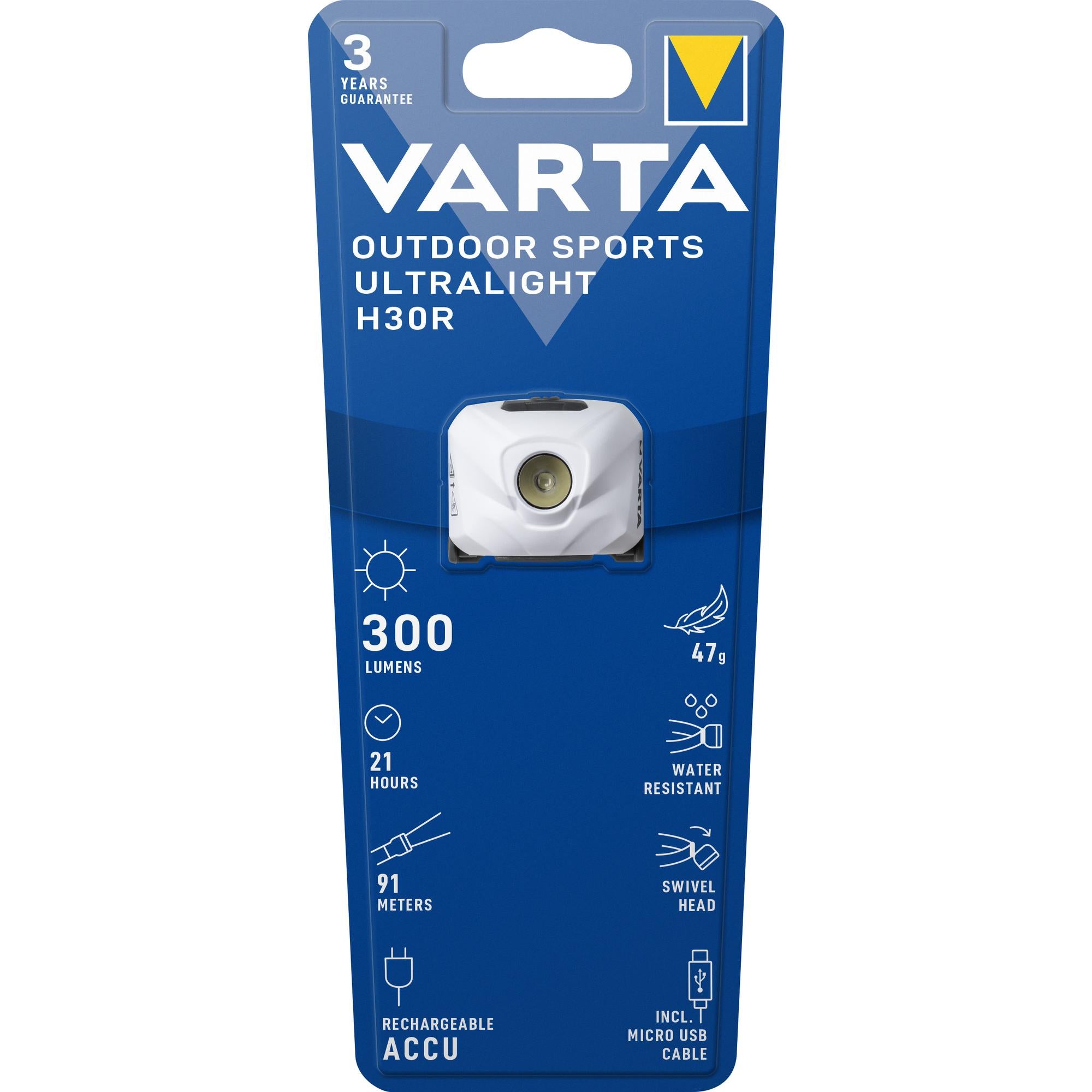 VARTA Outdoor Ultralight H30R LED Taschenlampe weiß - 300lm inkl. Micro USB Kabel Retail Blister