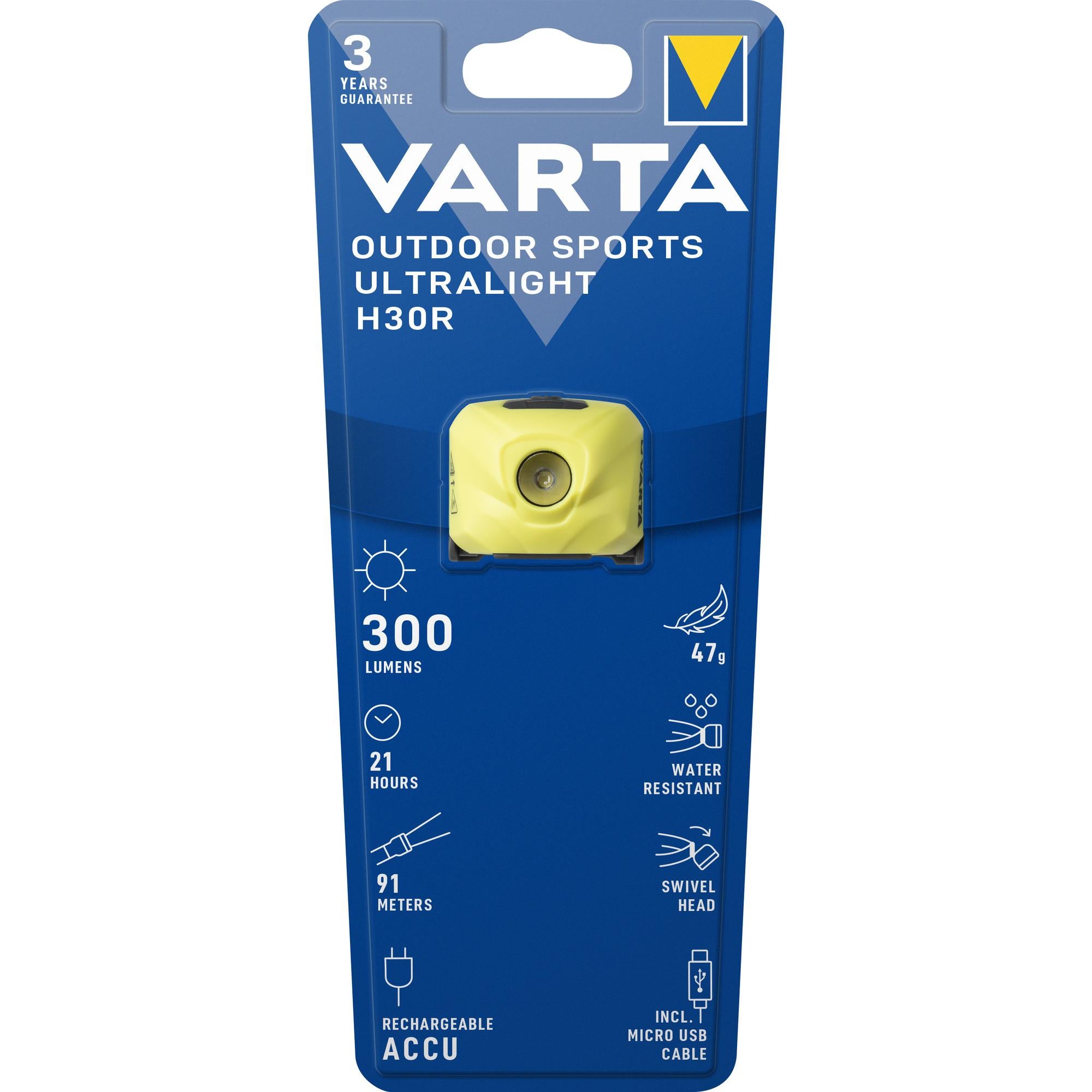 VARTA Outdoor Ultralight H30R LED Taschenlampe lime - 300lm inkl. Micro USB Kabel Retail Blister