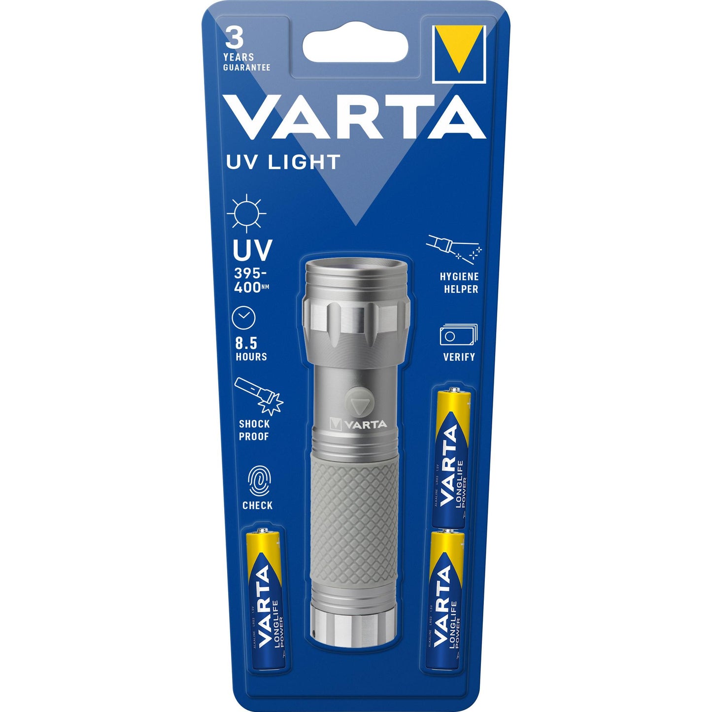 VARTA LED Taschenlampe UV Light, 385-400nm inkl. 3x Batterie Alkaline AAA, Retail Blister