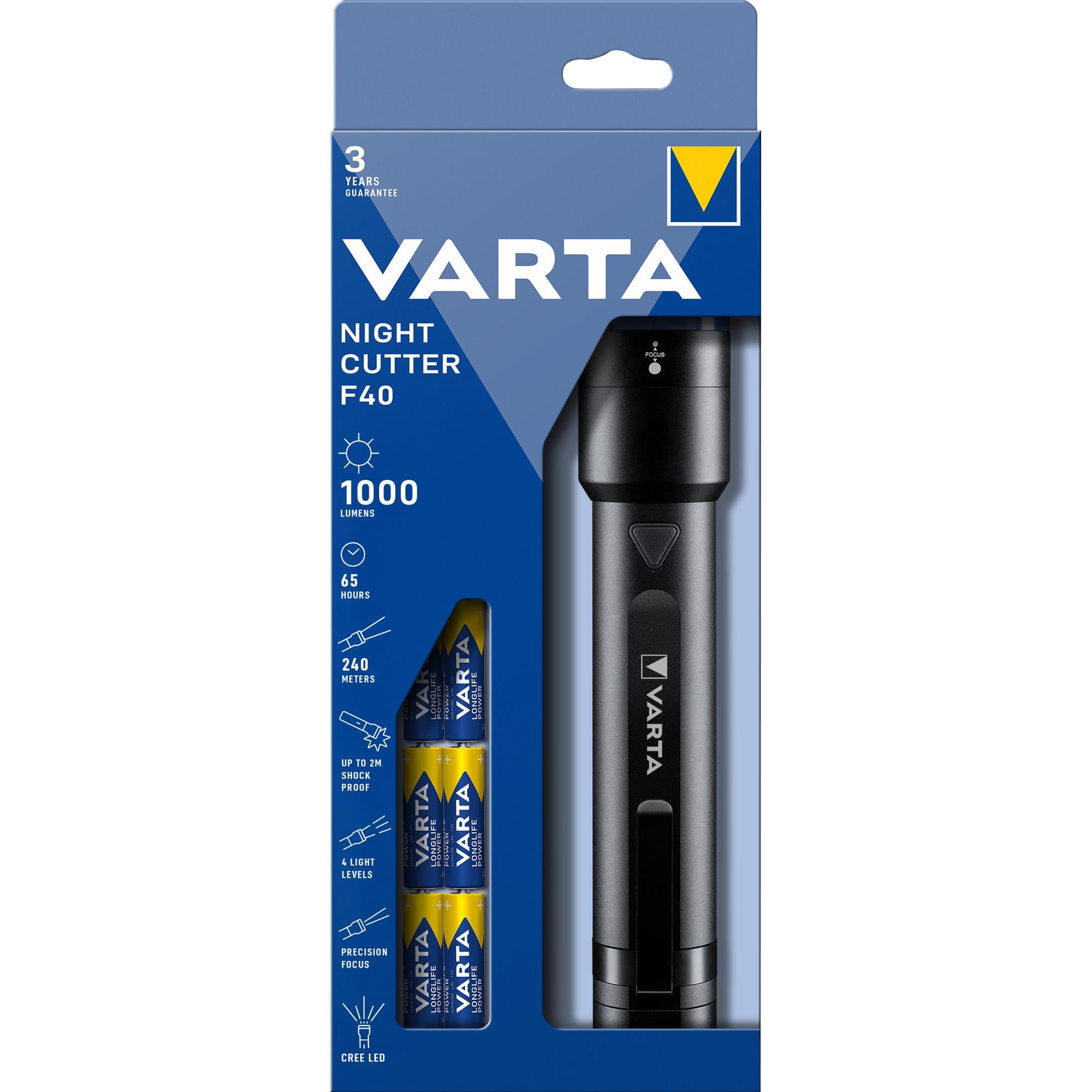 VARTA LED Taschenlampe Night Cutter F40 - 1000lm inkl. 6x Batterie Alkaline AA Retail Blister