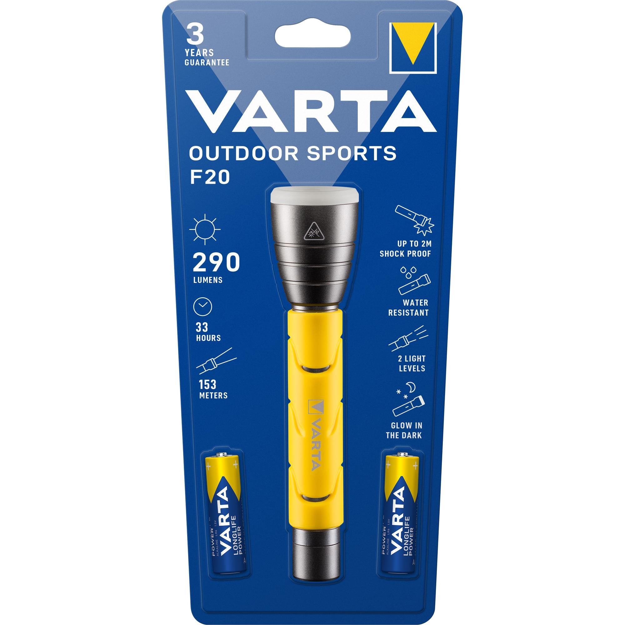 VARTA LED Taschenlampe Outdoor Sports F20, 235lm inkl. 2x AA Alkaline Batterie, Retail Blister