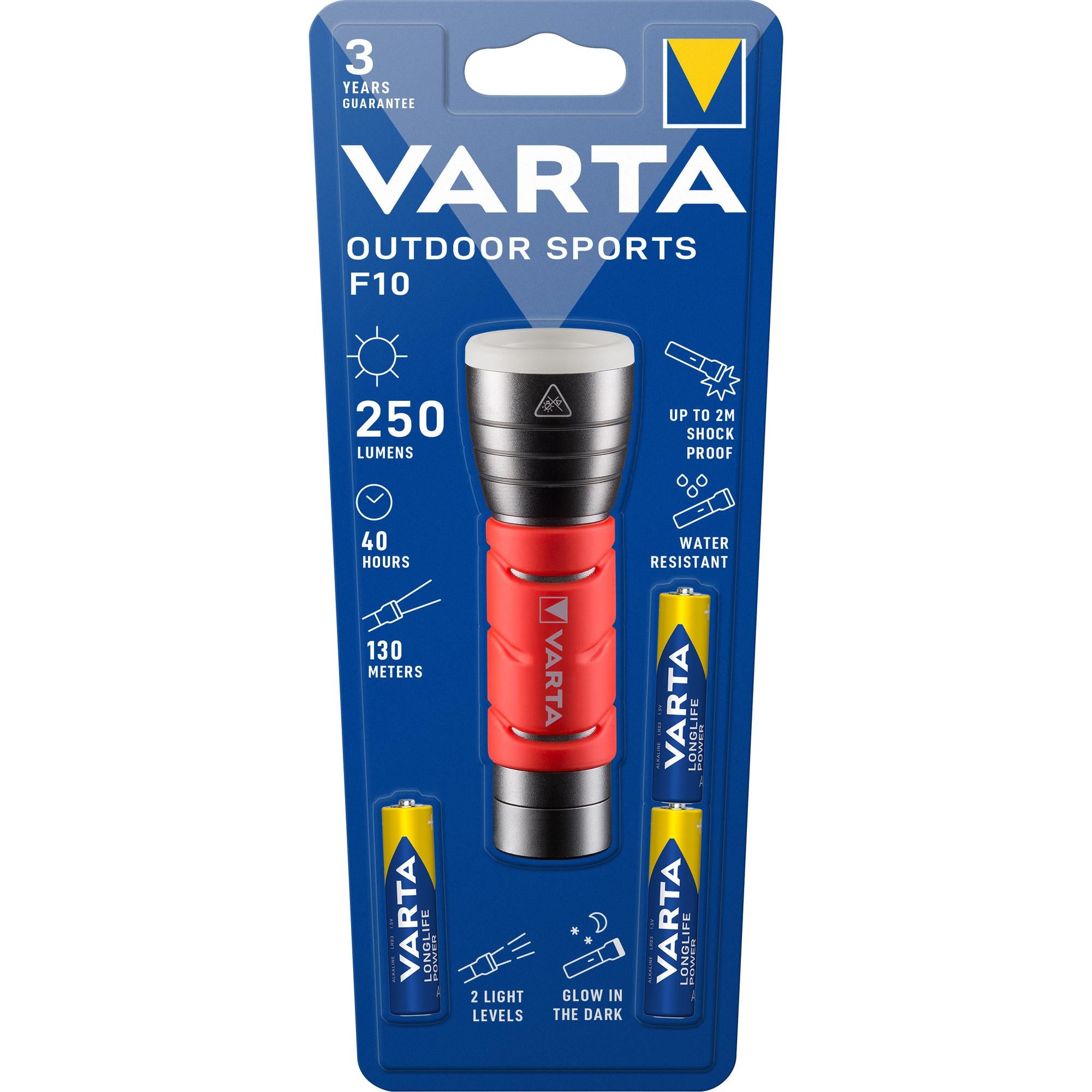 VARTA LED Taschenlampe Outdoor Sports F10, 250lm inkl. 3x AAA Alkaline Batterie, Retail Blister
