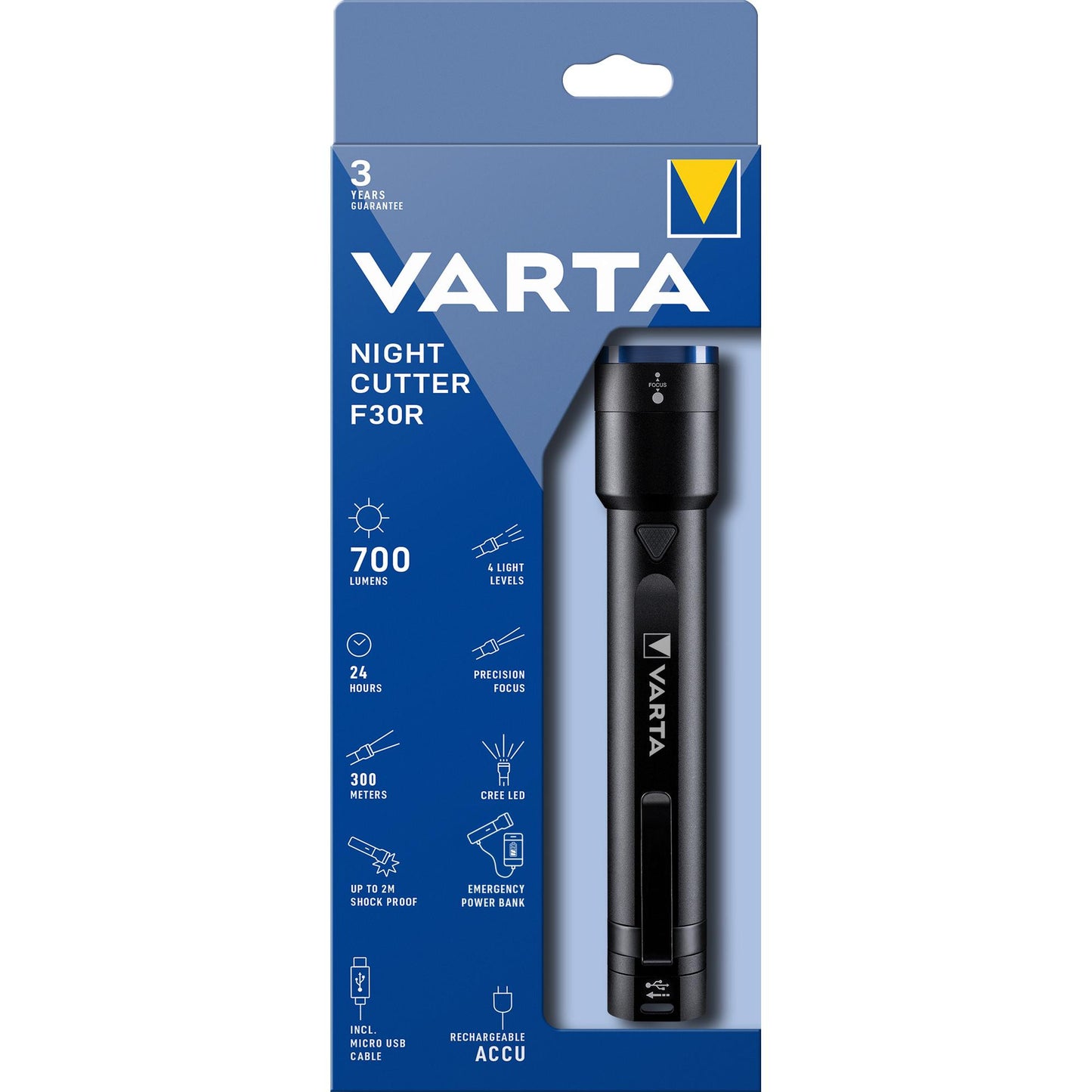 VARTA LED Taschenlampe Night Cutter F30R - 700lm inkl. Micro USB Kabel Retail Blister