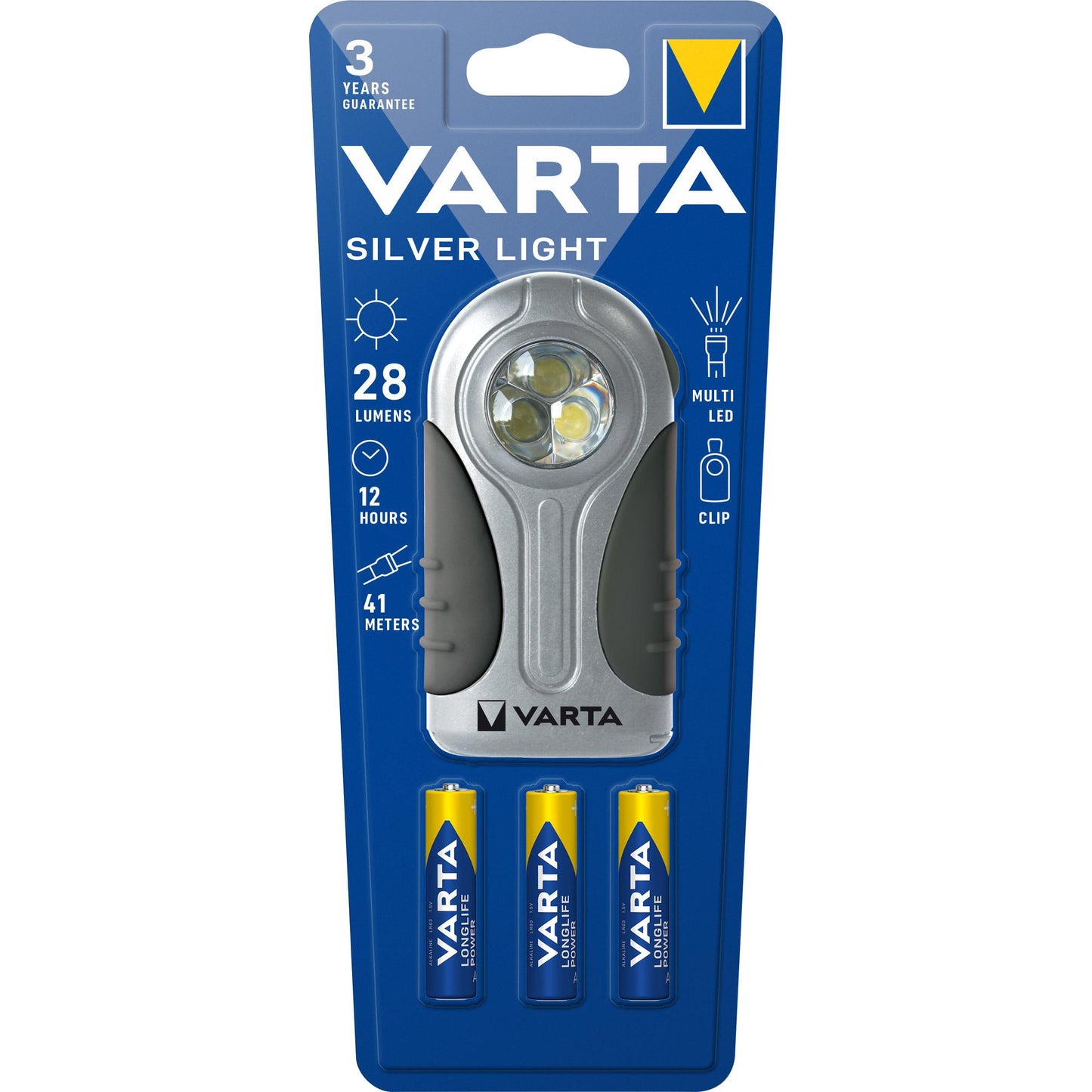 VARTA LED Taschenlampe Silver Light, 28lm inkl. 3x Batterie Alkaline AAA, Retail Blister