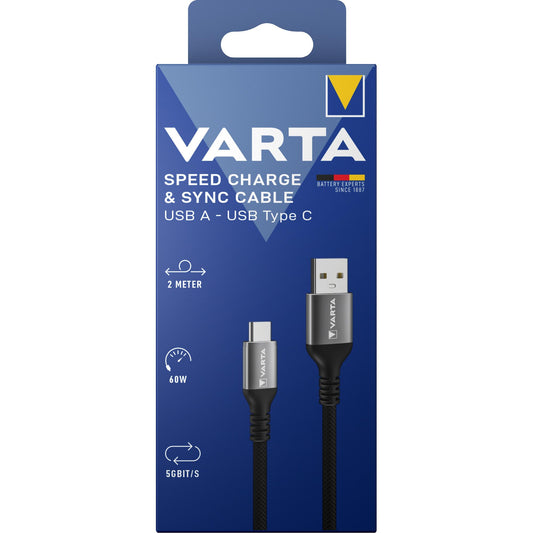 VARTA Kabel USB-A/USB-C, 60W, 2.0m 5Gbit/s, schwarz, Retail-Blister