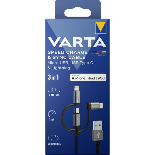 VARTA Kabel USB-A/Micro/C/Lightning, 3in1, 12W, 2.0m, 480Mbit/s, schwarz, Retail-Blister