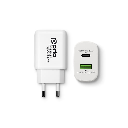 prio Fast Charge Wall Charger 25W PD PPS (USB C)+QC 3.0 (USB A)