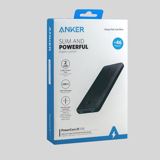 Anker PowerCore Slim 10K Powerbank Verpackung Frontal mit Hintergrund Grau