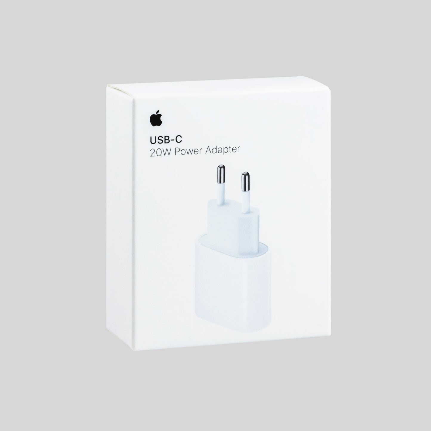 Apple USB-C Ladegerät Verpackung Frontal Hintergrund Grau