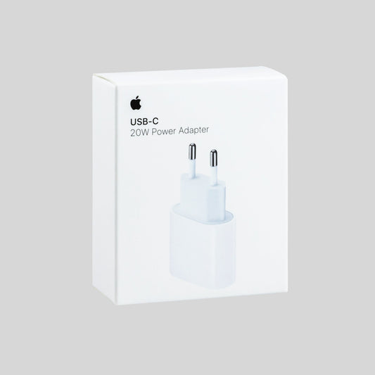 Apple USB-C Ladegerät Verpackung Frontal Hintergrund Grau