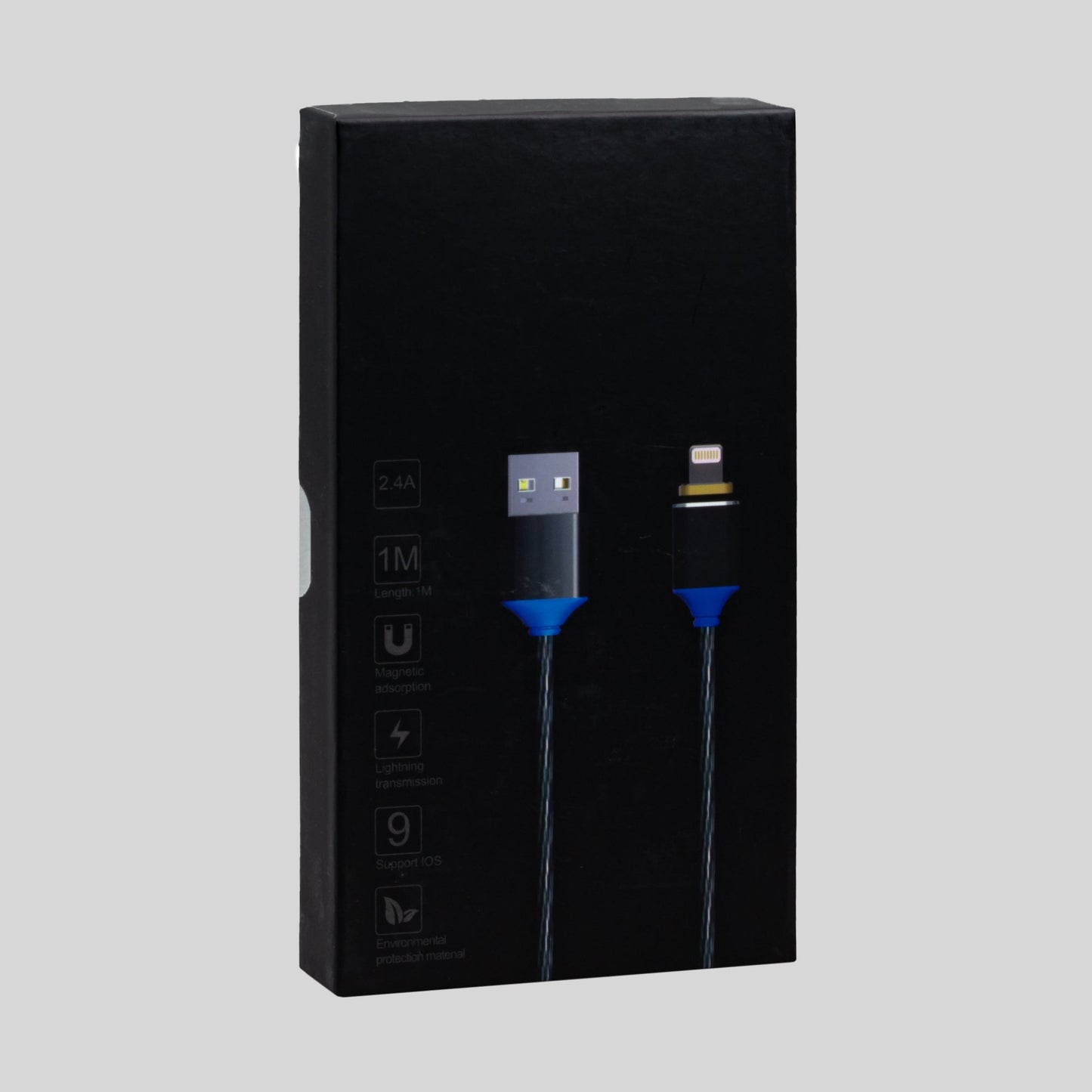 MpsMobile Magnetisches Lightning zu USB-A Kabel mit Verpackung Hintergrund Grau