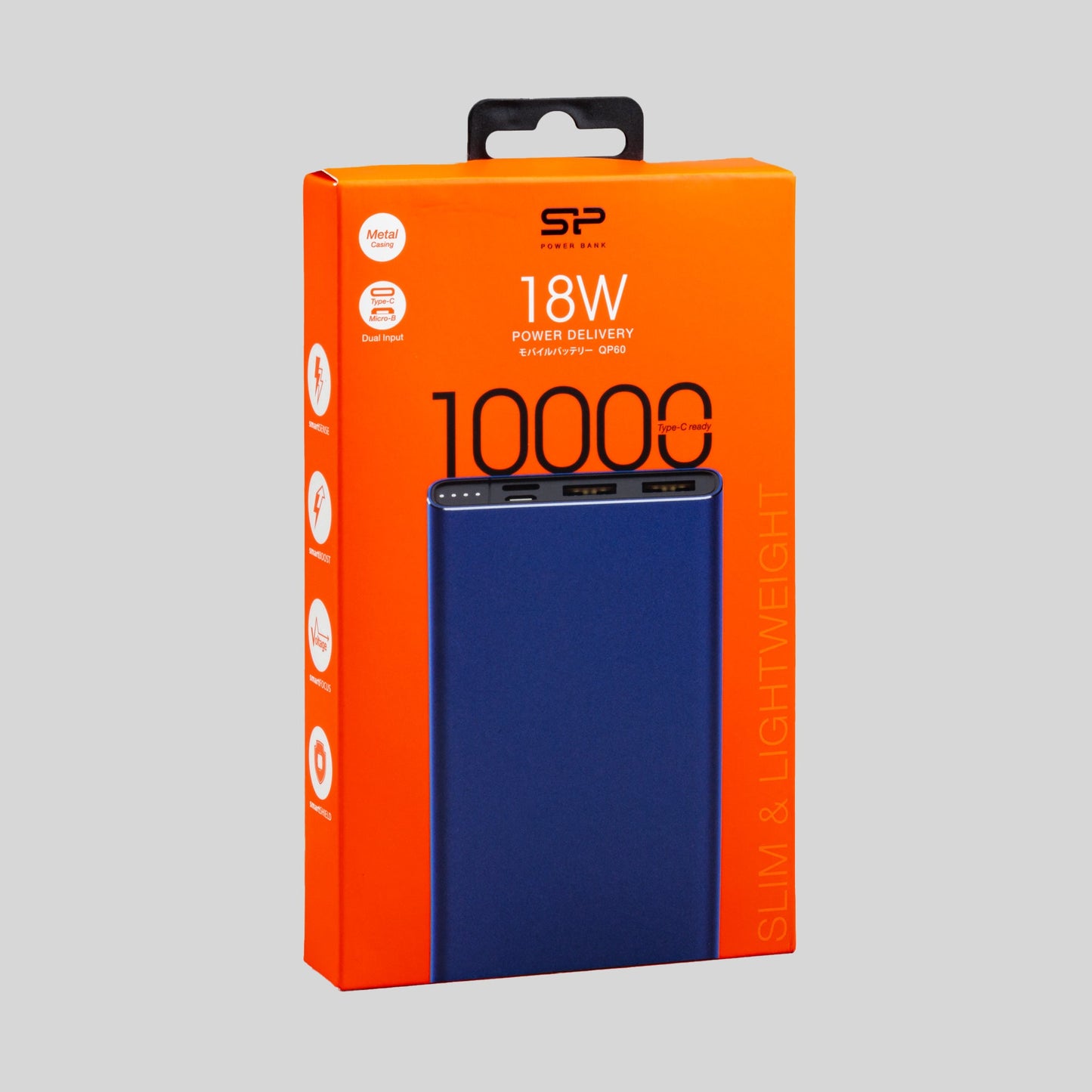 Silicon Power QP60 18 Watt Powerbank 10k QC von vorne mit Verpackung Hintergrund Grau
