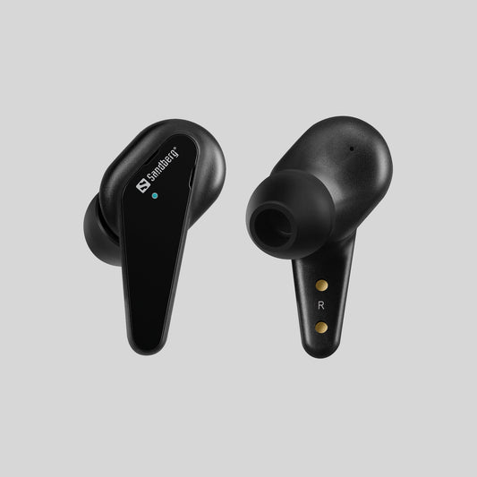 Sandberg Bluetooth Earbuds Touch Pro ohne Verpackung Vorder- und Rück-Seite Hintergrund Grau