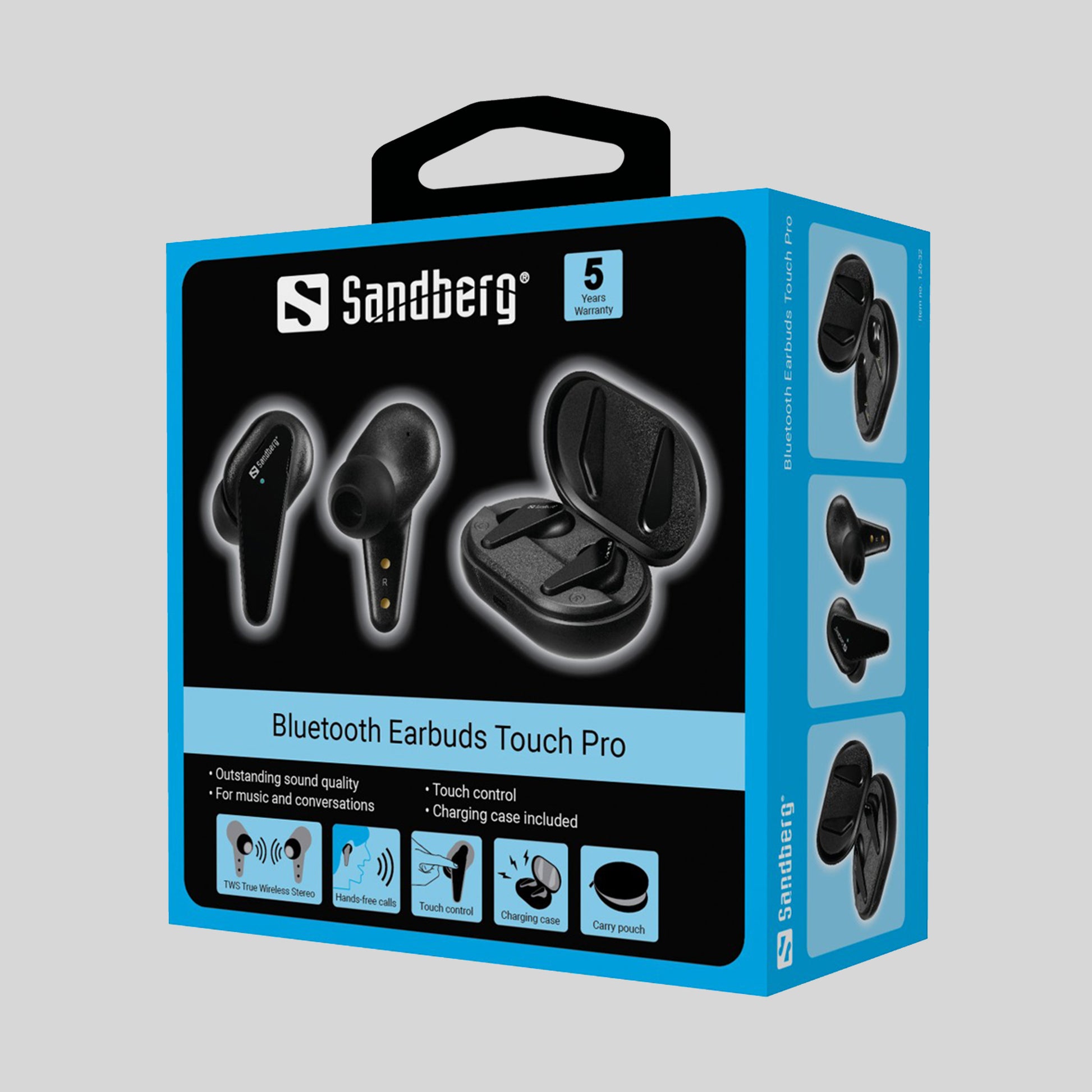 Sandberg Bluetooth Earbuds Touch Pro Verpackung Front Ansicht Hintergrund Grau