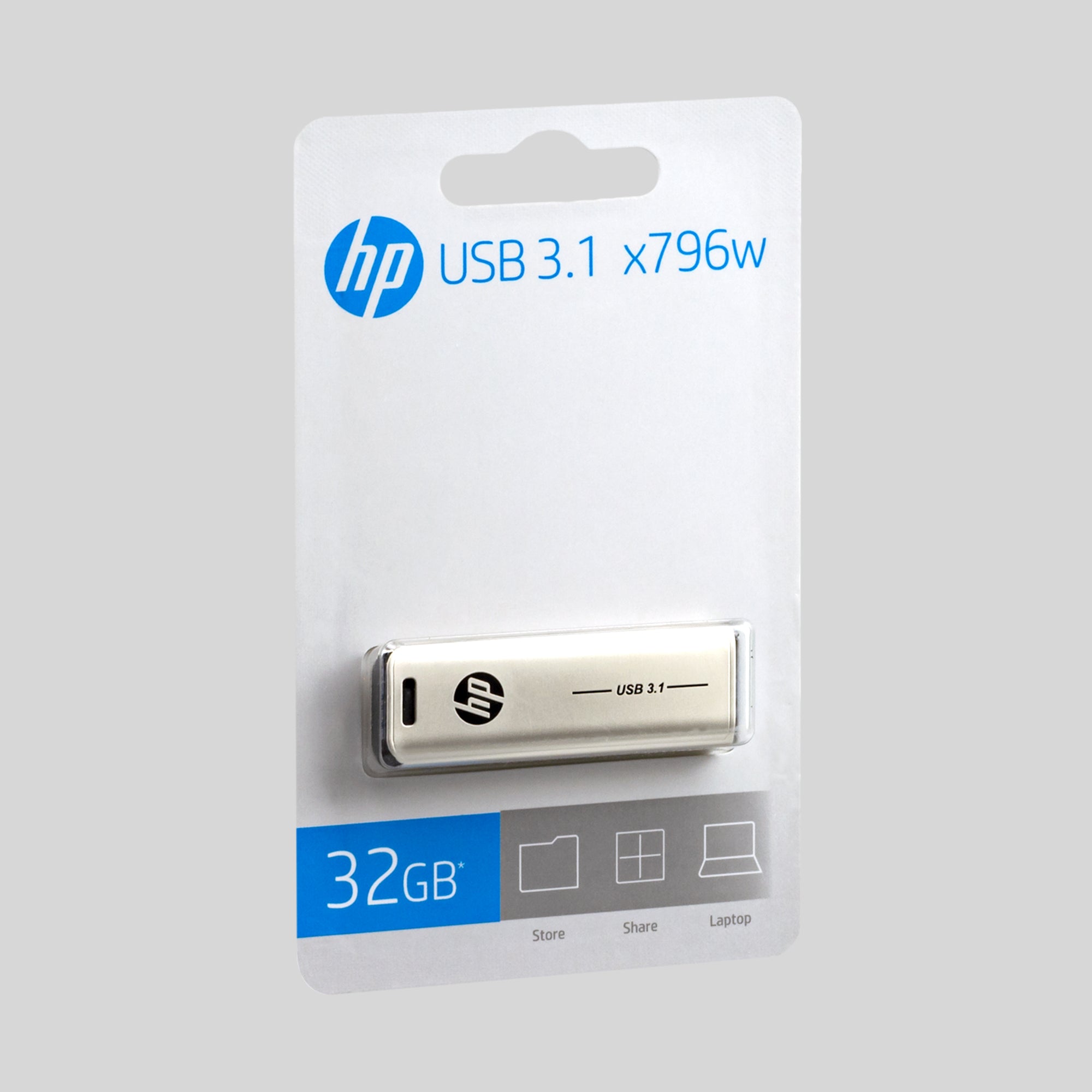 HP USB-Stick 3.1 x796w 32GB mit Verpackung Vorderseite Hintergrund Grau
